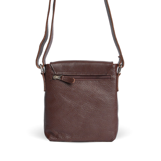 Back of the dark brown leather crossbody bag with a zip pocket