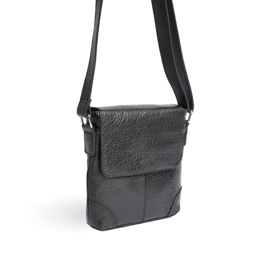 Black leather crossbody bag shown at an angle, revealing the side gusset