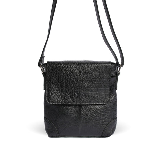 Black leather crossbody bag with a flap front and adjustable shoulder strap, front view