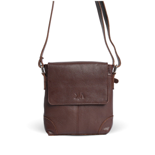 Dark brown leather crossbody bag with a flap front and embossed logo, front view